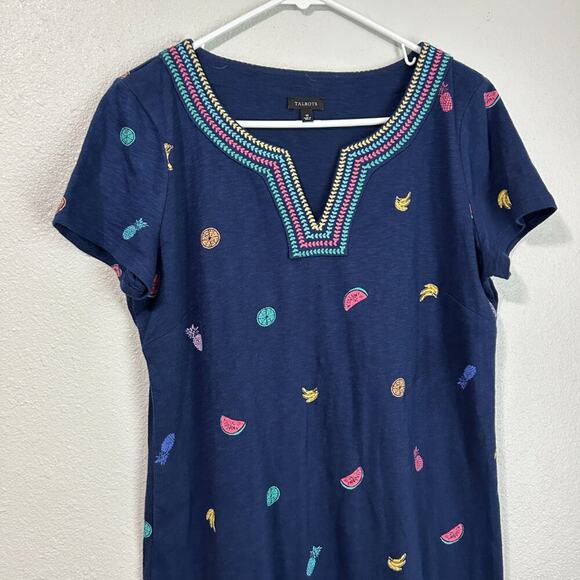 Talbots Shift Dress Medium Fruit Print Embroidered Cotton Knit Pullover - Picture 3 of 8